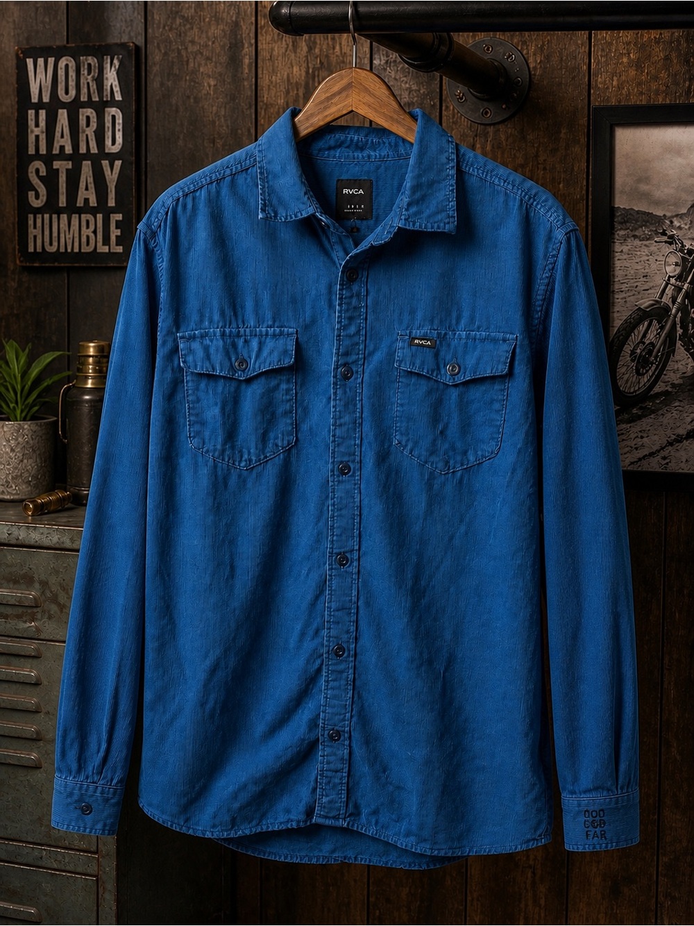 RVCA Men's Corduroy Long-Sleeve Button Up- Royal Blue